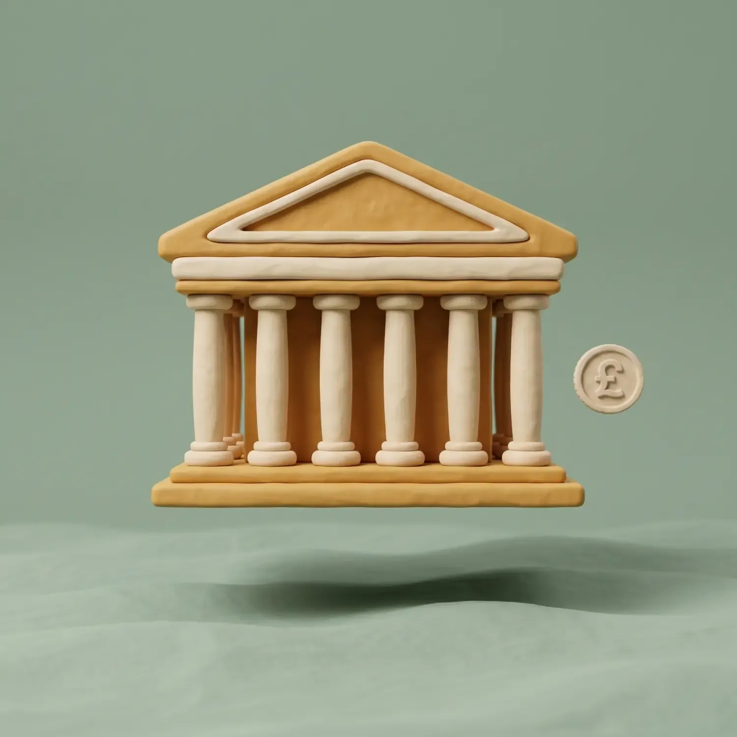 Matte clay model of a classical bank building and a pound coin, representing AI adoption in UK financial services