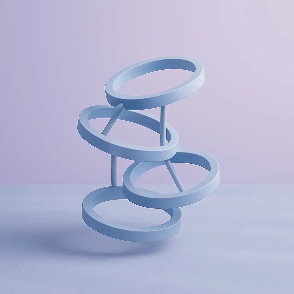 Abstract sculpture with four rings stacked and connected by rods.