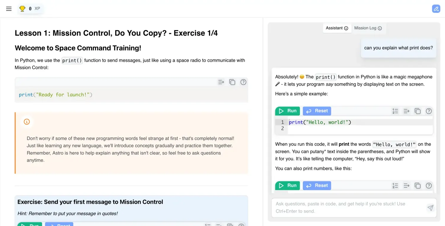 AI tutor coaching a student through a Python exercise
