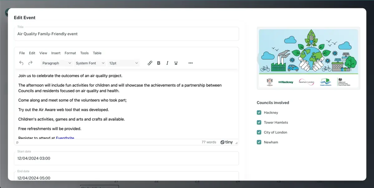 Air Aware council workspace event editor
