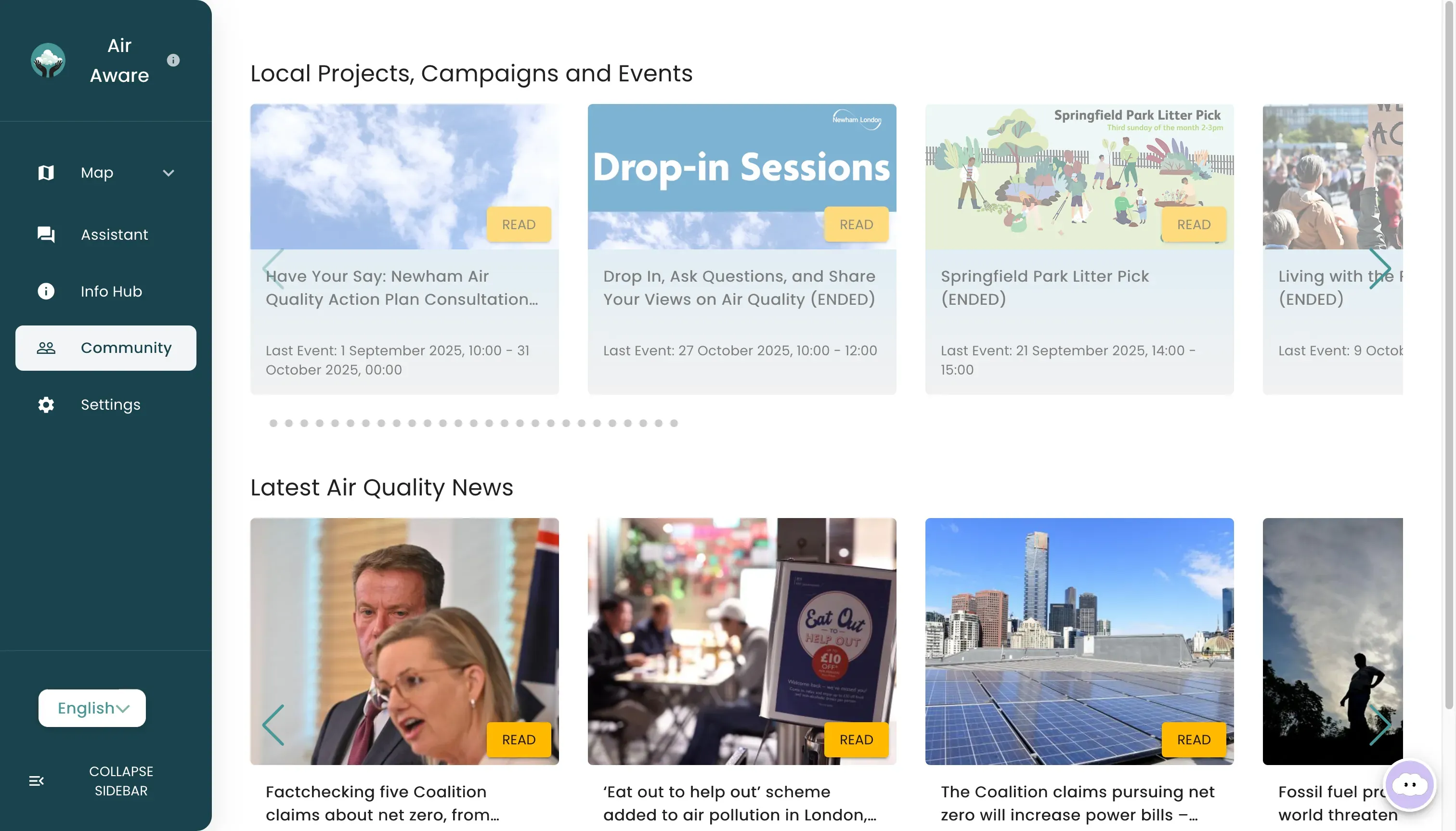 Air Aware community hub showing local events and news