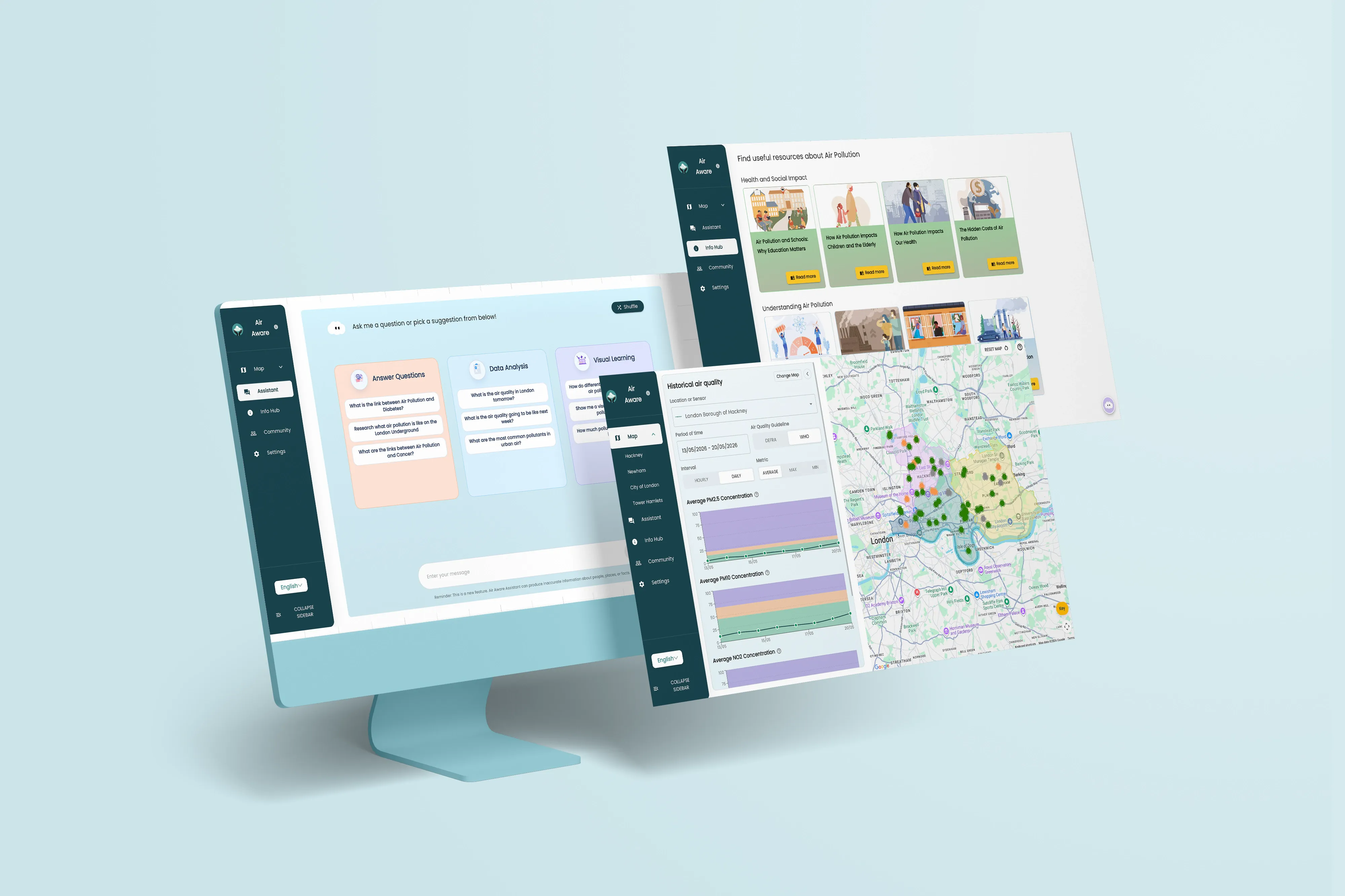 Air Aware web application interface showing air quality data for London