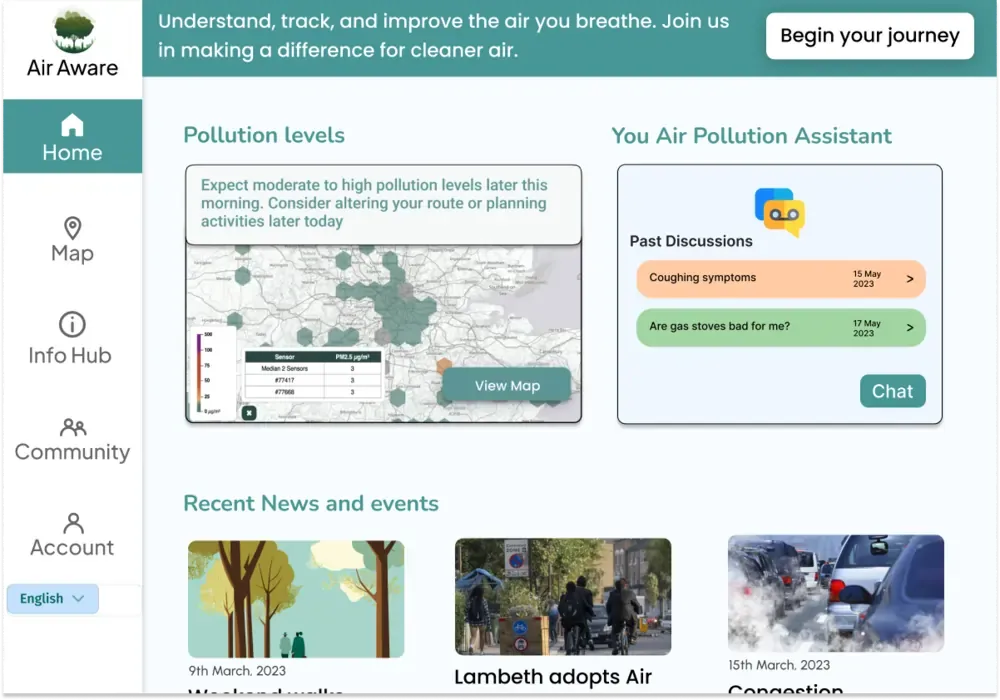 Air Aware first design iteration of the home page