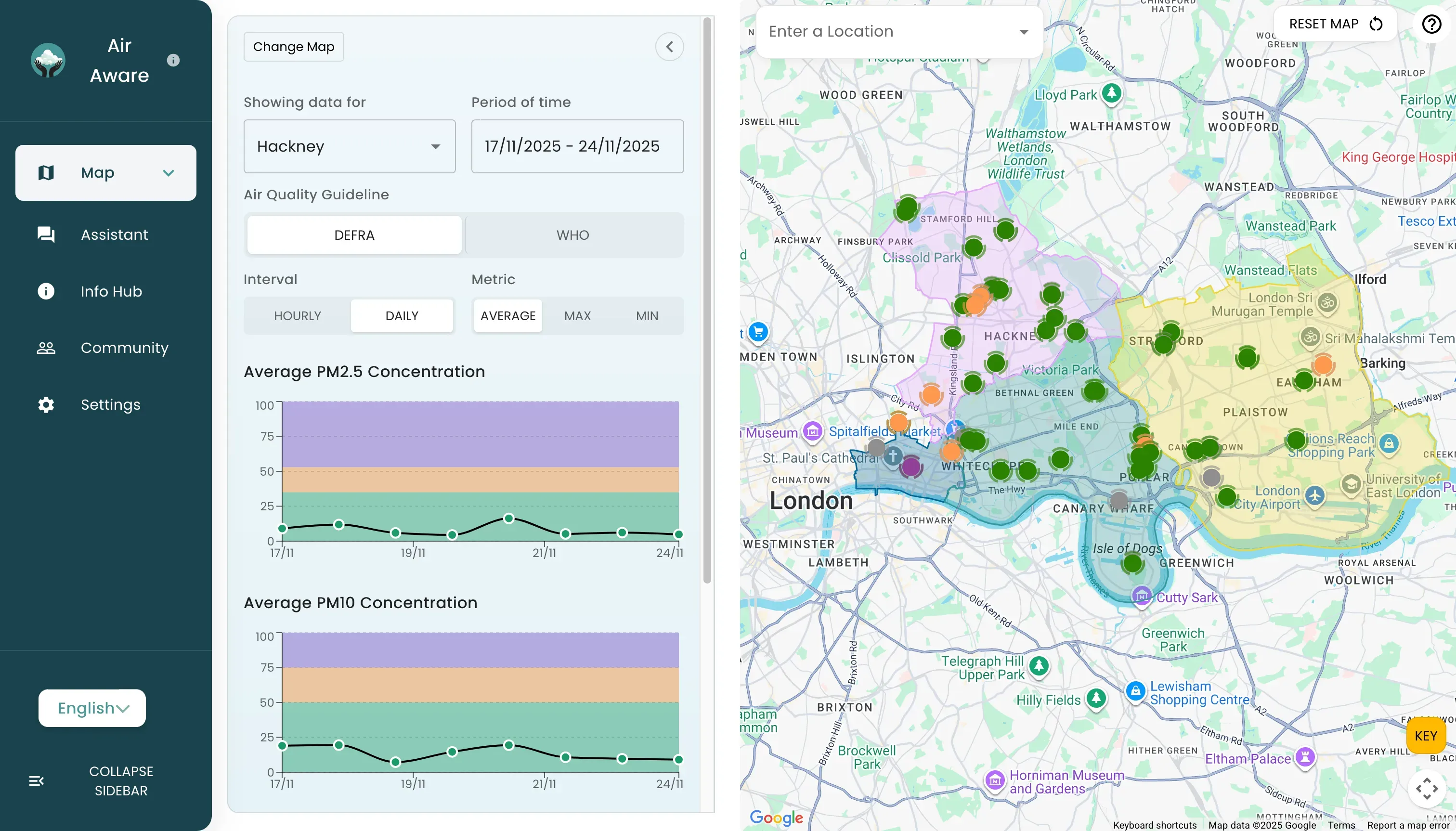 Interactive air pollution map showing real-time data across London boroughs