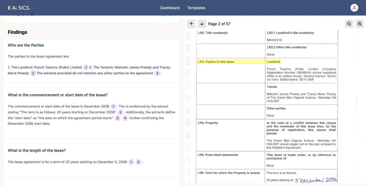 Split-screen analysis showing source lease text alongside extracted fields with citations