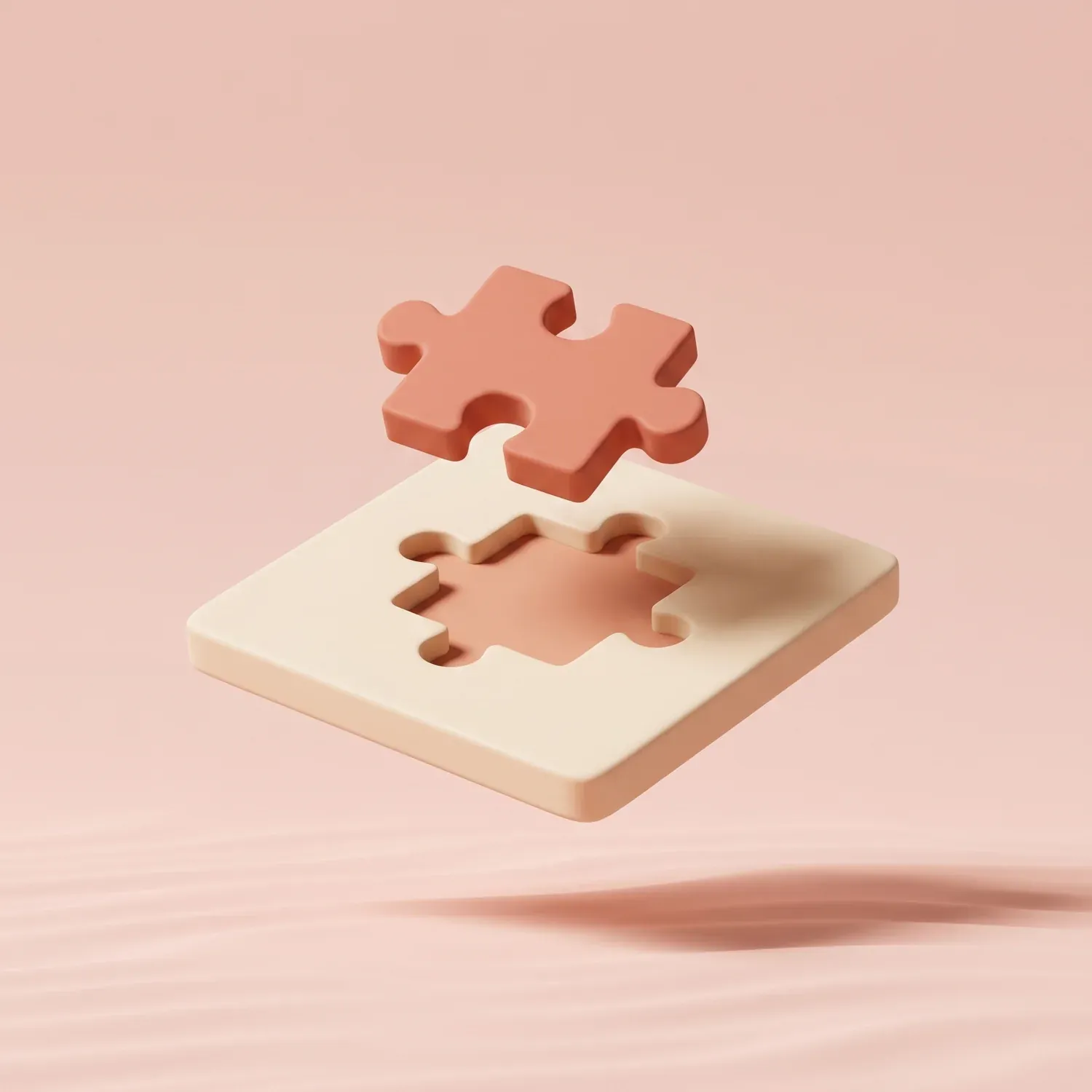 Matte clay puzzle piece slotting into its matching cutout, representing bespoke AI development
