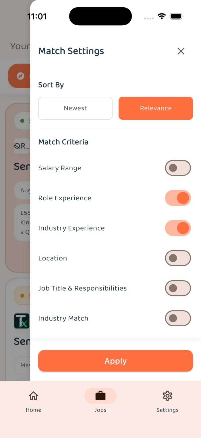 Job filters to refine results by location, salary, role type