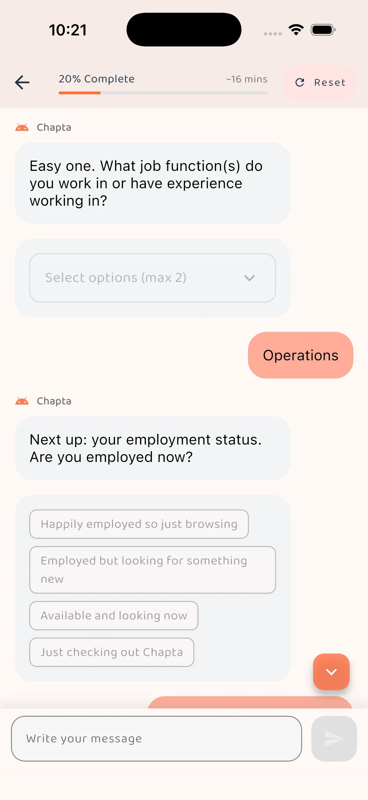 15-minute conversational onboarding that captures the candidate's story