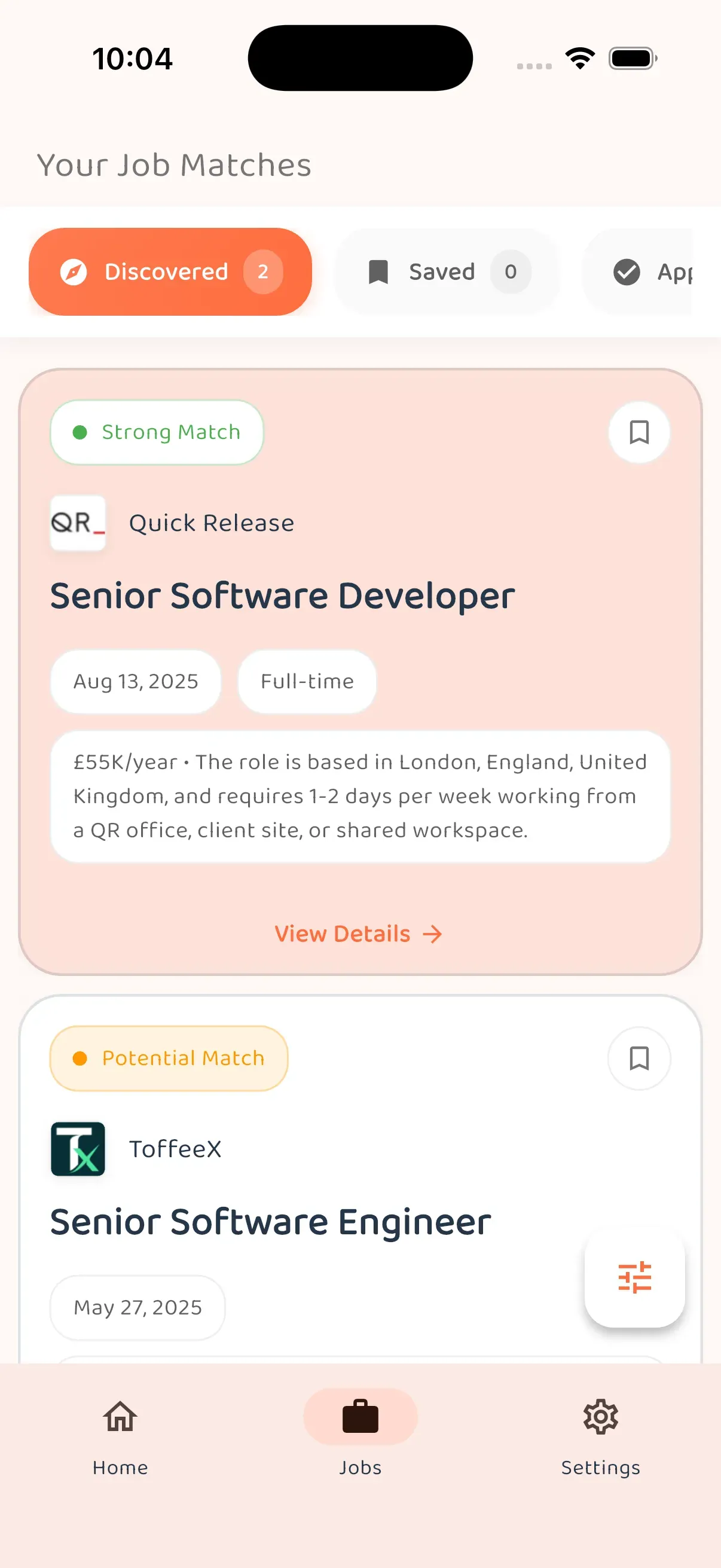 Job discovery feed with personalised matches and clear status
