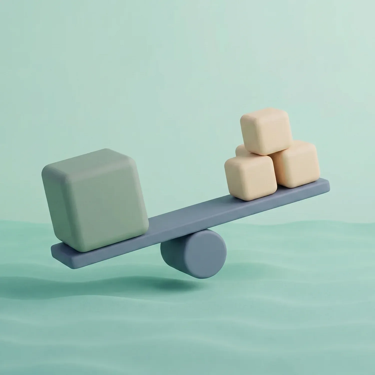 Matte clay seesaw weighing a single large block against a cluster of small blocks