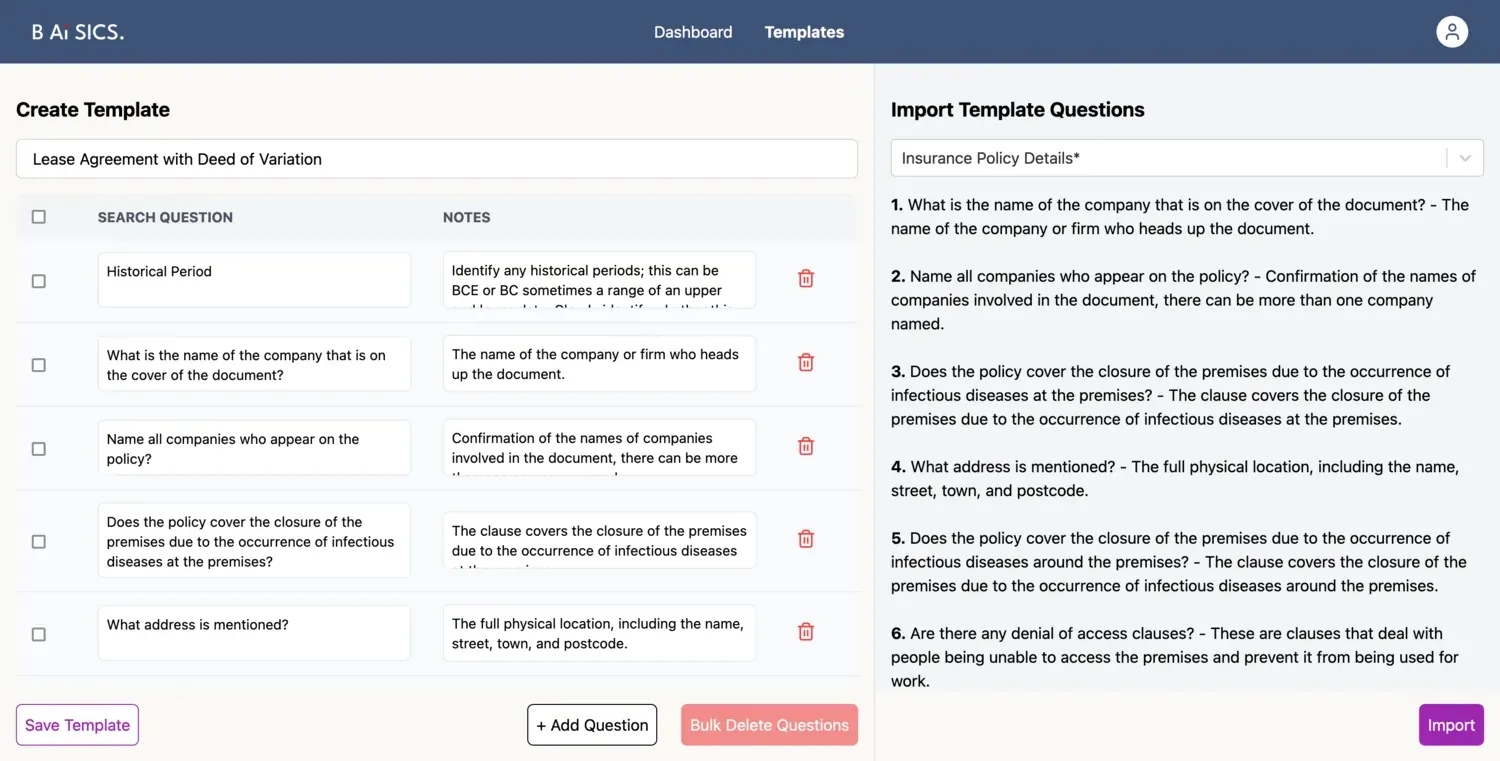 Template builder UI listing fields with type chips and required toggles