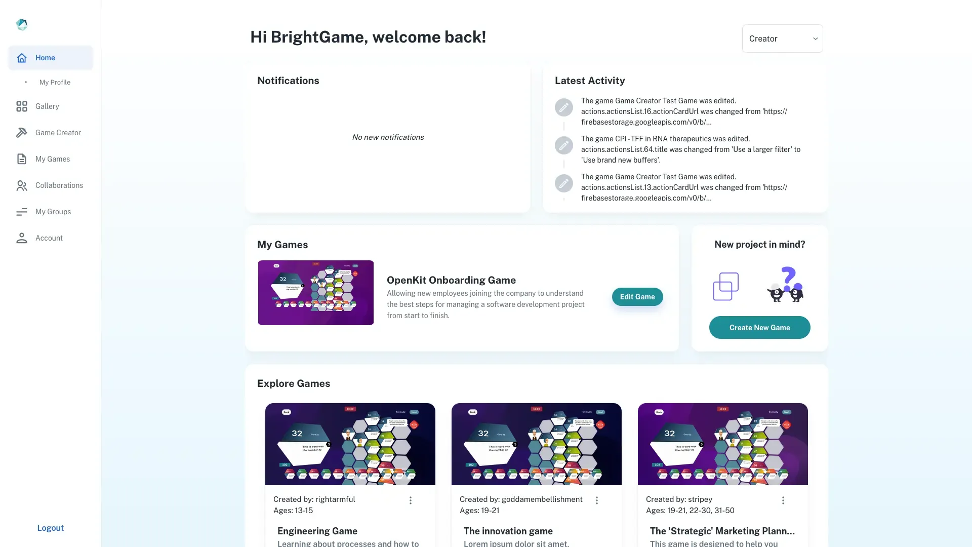 Account dashboard with subscription and game metrics