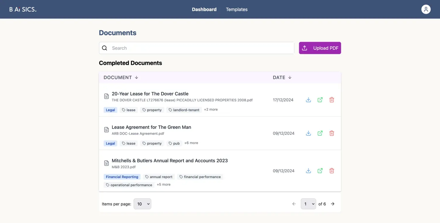 BAiSICS dashboard showing tagged legal documents with type and processing status
