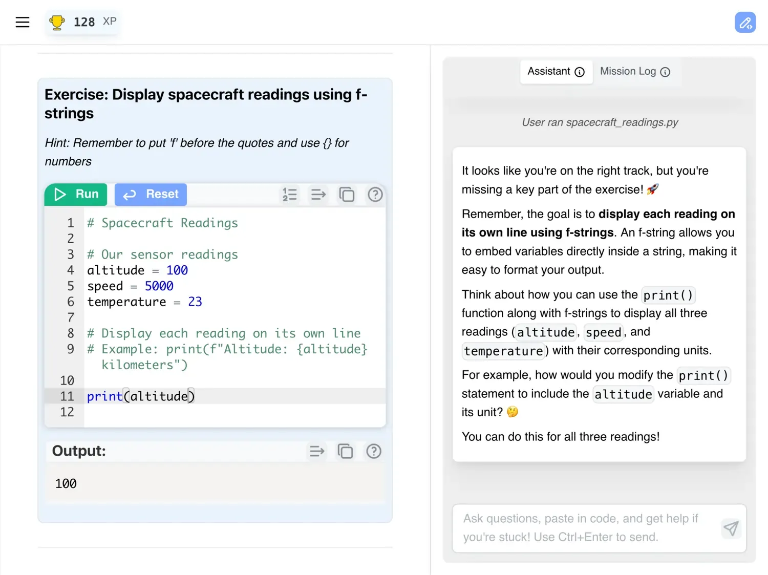 Exercise view with question, code editor, and guided hints