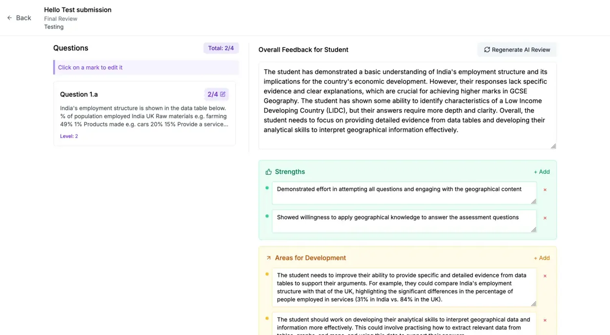 Rubrical finalise feedback view showing predicted band with evidence and improvement notes
