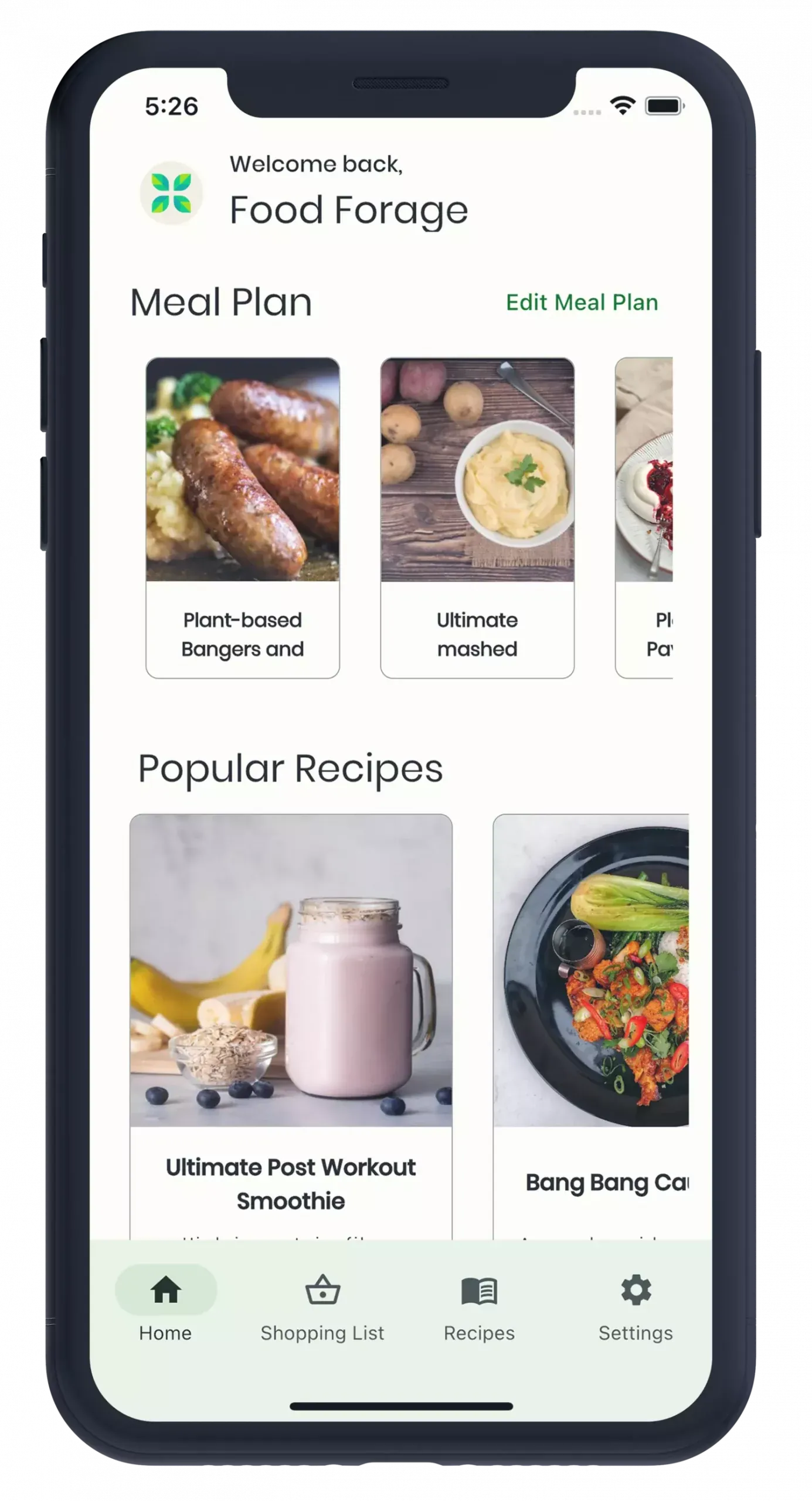 Food Forage home screen with weekly meal plan