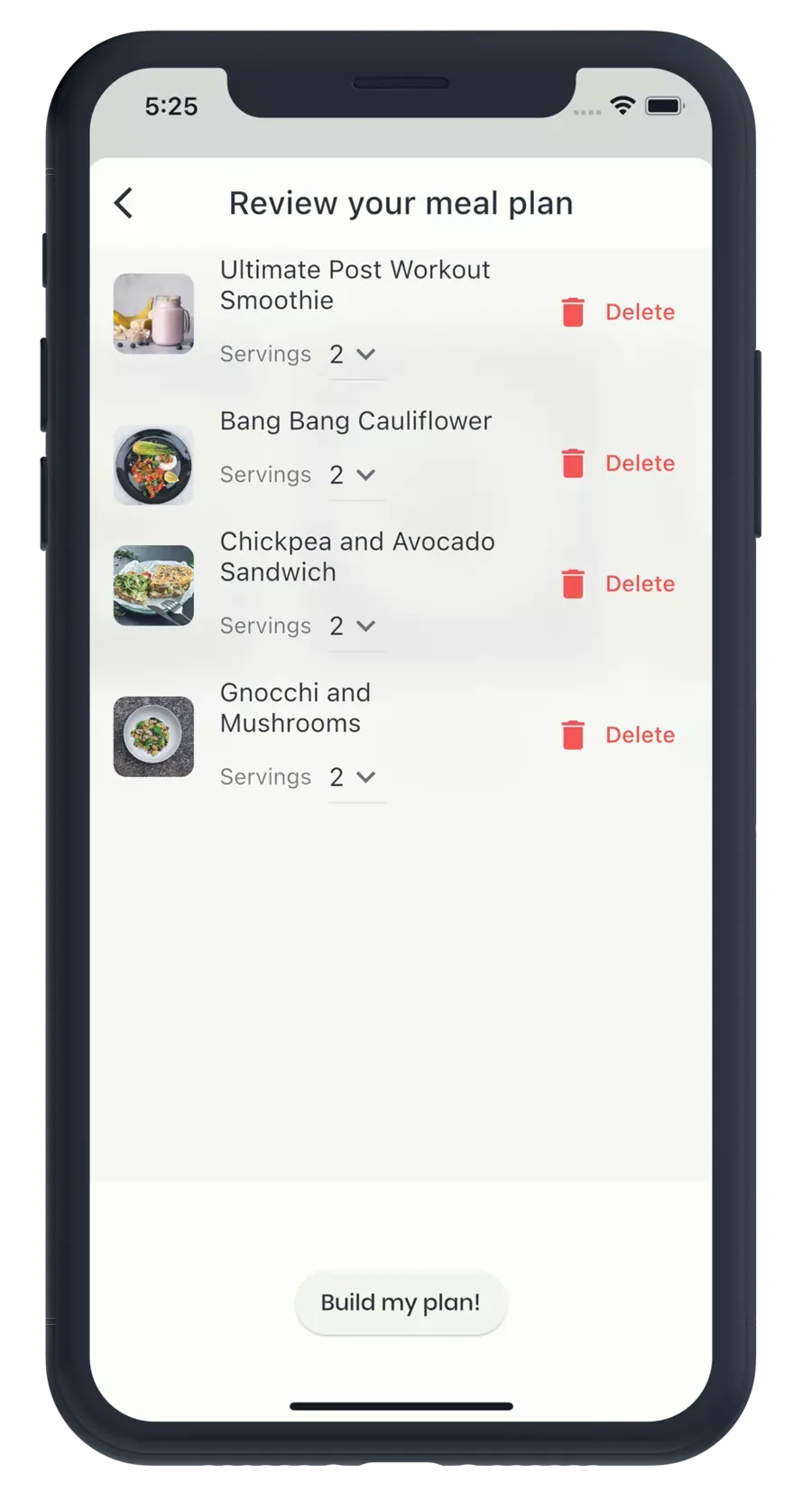 Meal plan review view with swappable recipes and macros
