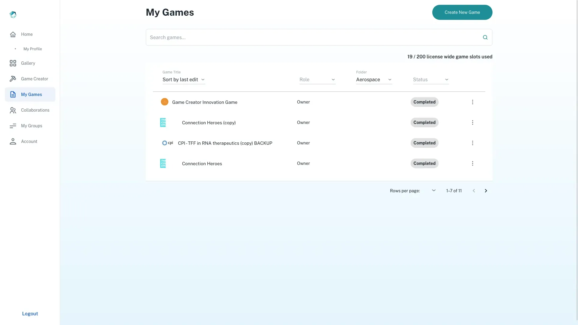 My Games library view with versioned games and publish controls