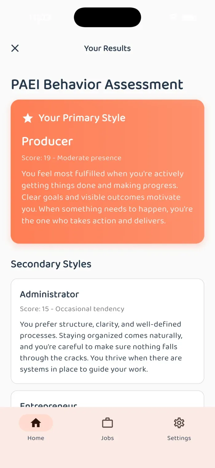 PAEI behavioural assessment view inside the Chapta candidate flow
