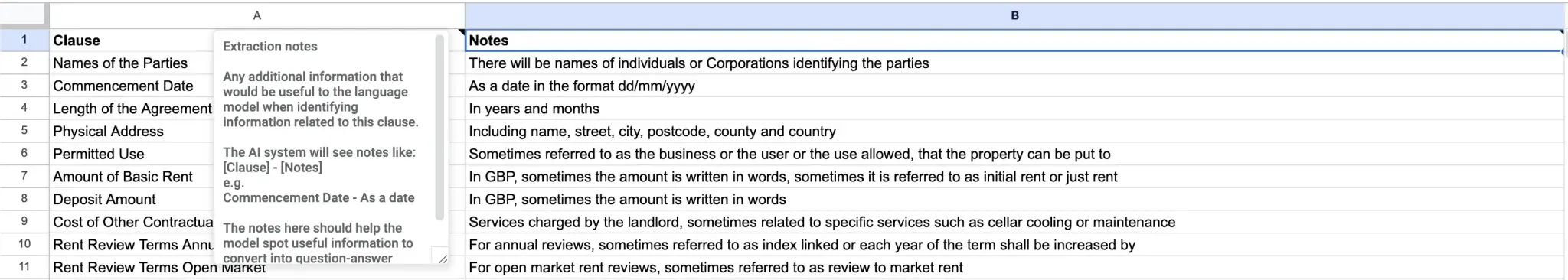 Google Sheets integration showing batch analysis of multiple leases