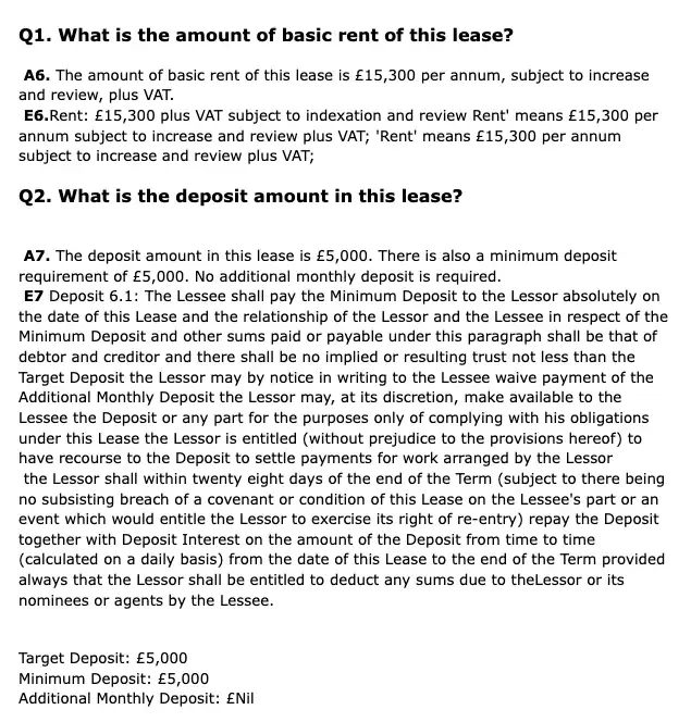 Example response showing the lease answer with paragraph citation