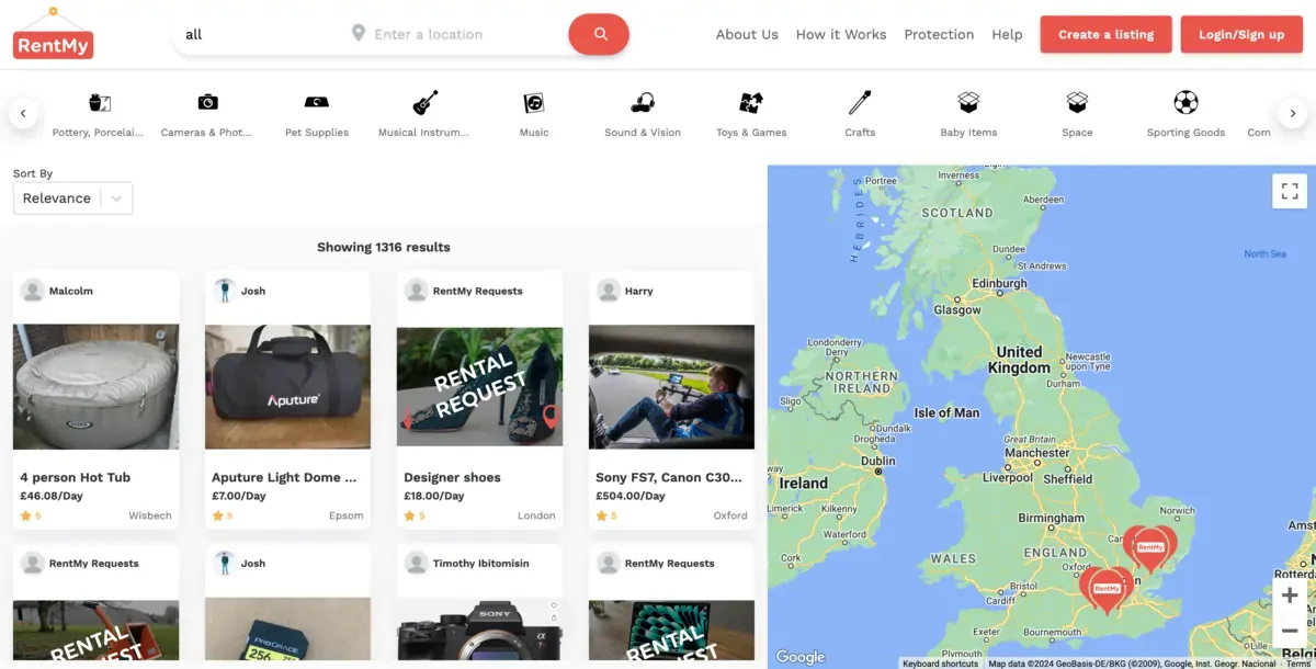 Search results page with filters, location, and availability