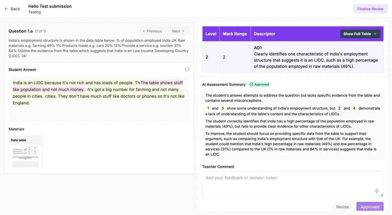 Rubrical review marking UI with highlighted student response and band suggestions