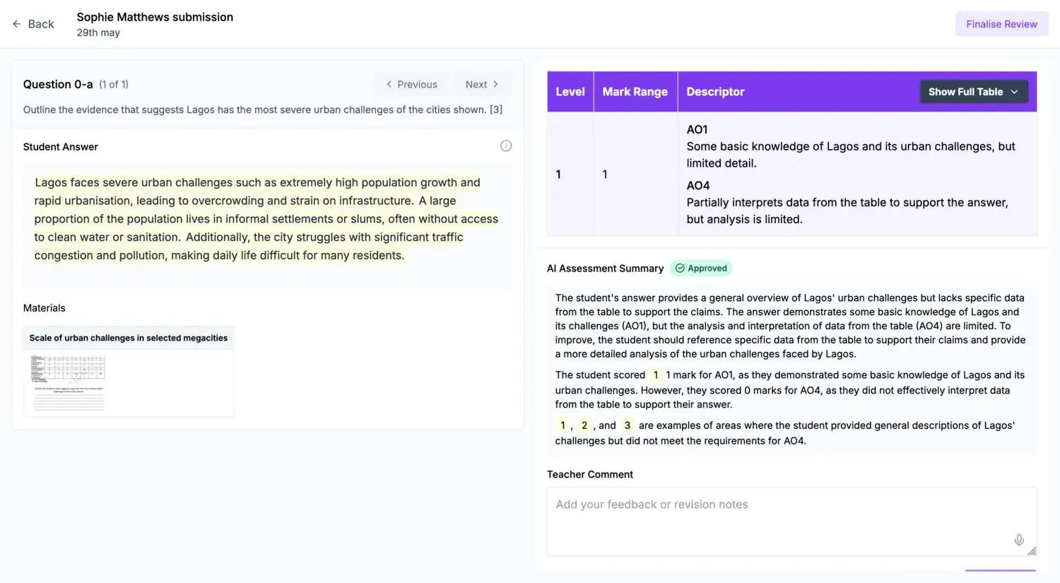 Rubrical's AI marking interface showing AI-generated feedback for a student's geography answer.