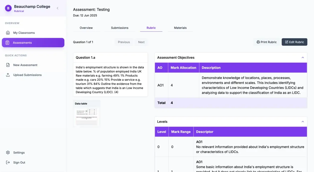Rubrical AI rubric generation UI with KS4 Geography assessment objectives