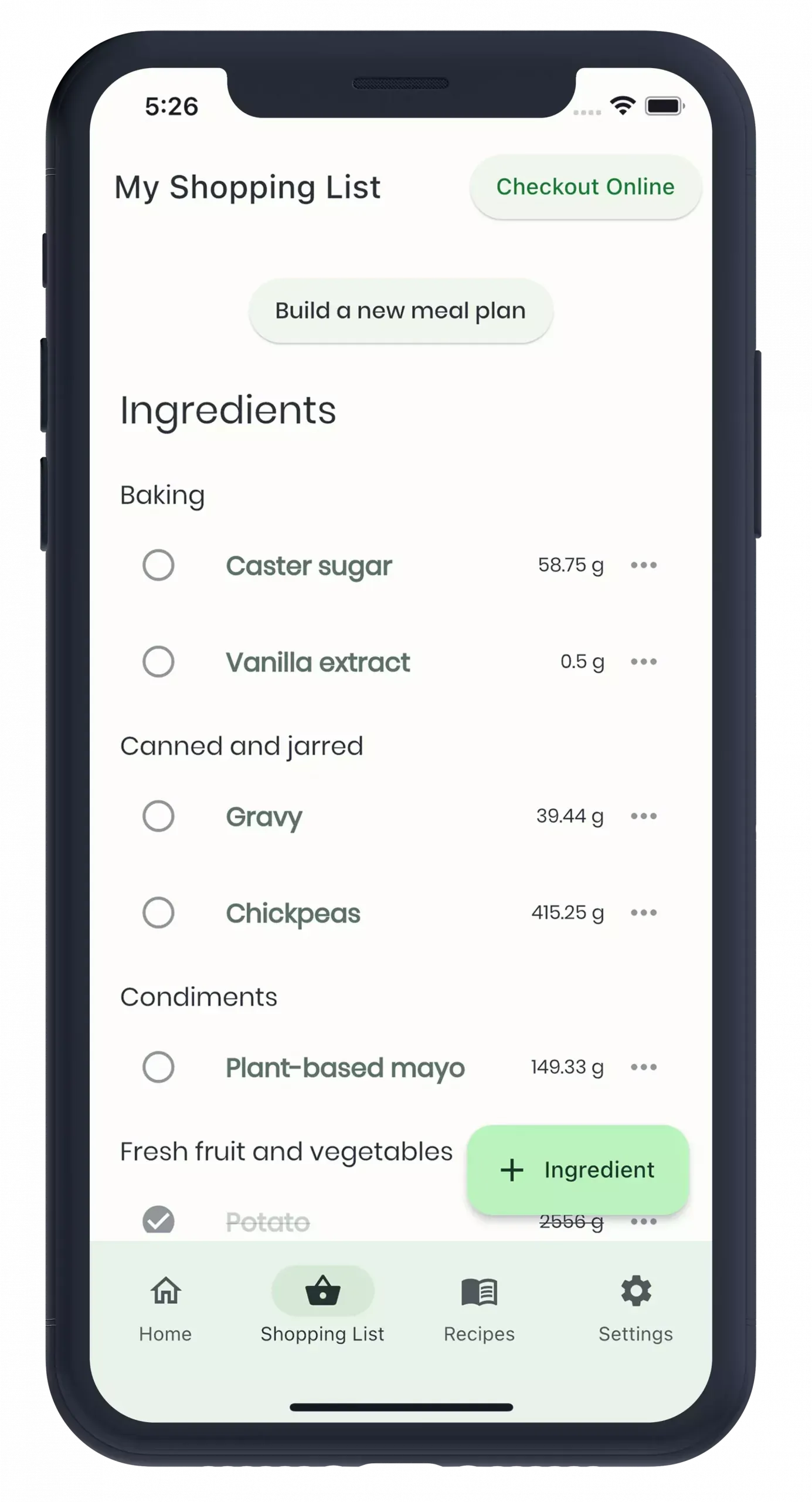 Auto-generated shopping list grouped by aisle