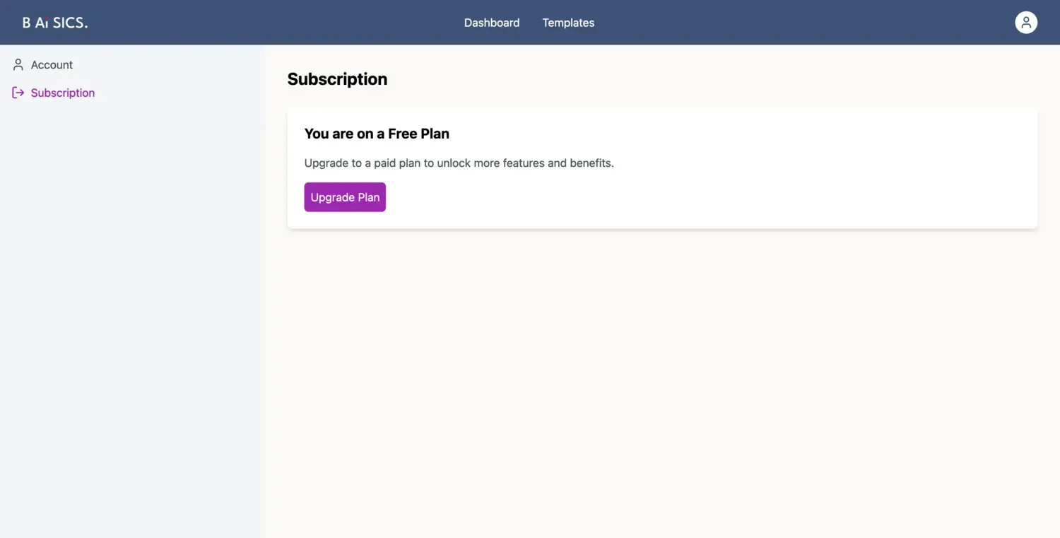Account and subscription page with Stripe-managed plan and billing controls