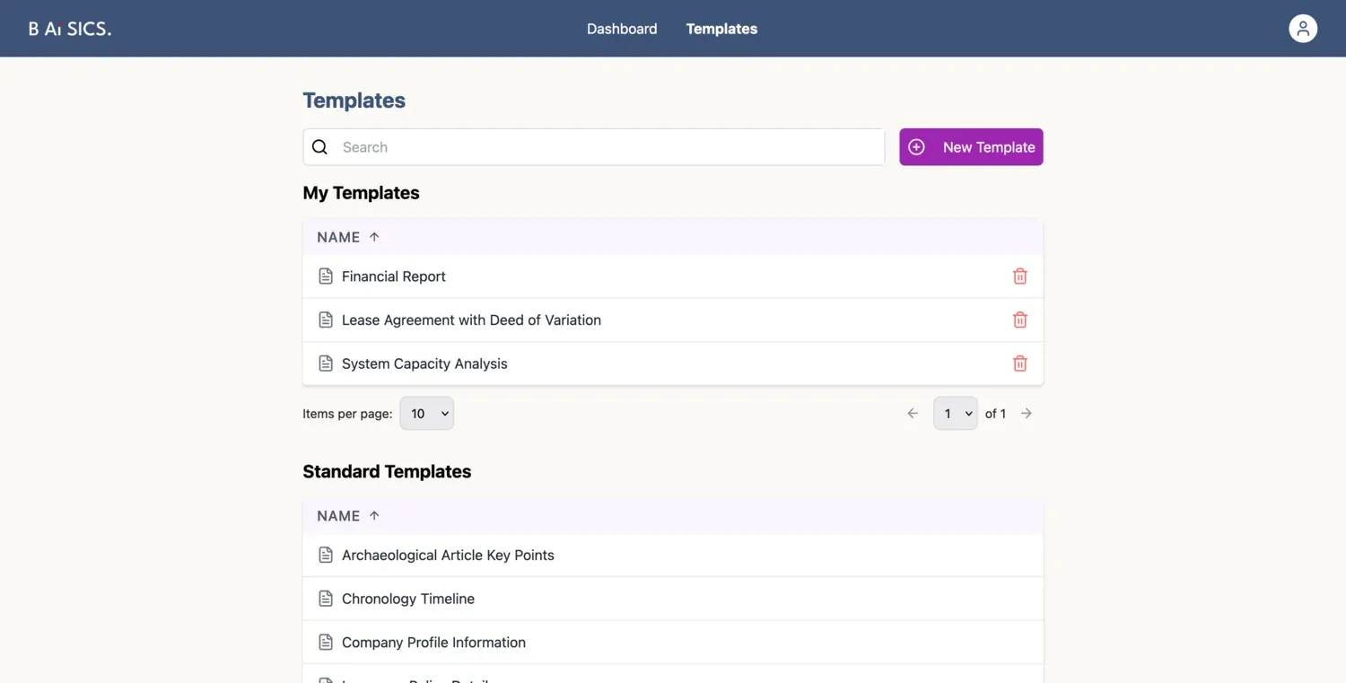 Template library listing firm-owned and standard templates by document type