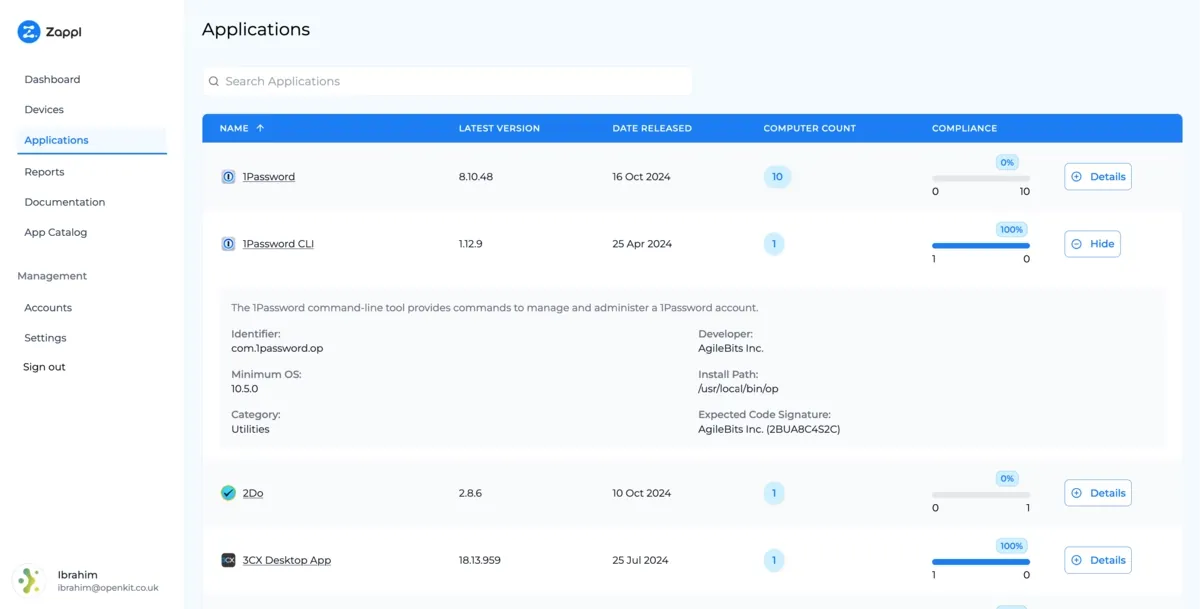Application catalogue with version tracking and rollout controls